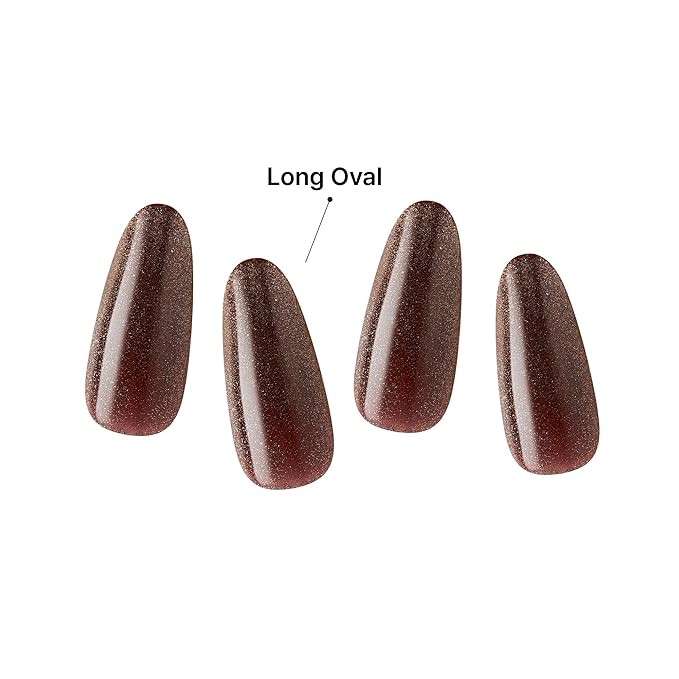 KISS Gel Fantasy 28 Pcs Press On Nails, Long Almond Fake Nails, Brown Magnetic Cat Eye Polish Stick On Extensions, Reusable Velvet Full Cover Kit with Glue, Manicure Stick & File, Wear for 7 Days