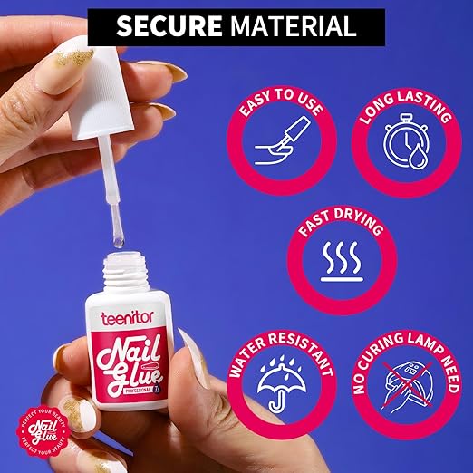 Teenitor Strong Nail Glue, 42ml Professional for Press Ons, Brush-On for Acrylic Nails, Bond With File, Long Lasting, 10 Pcs