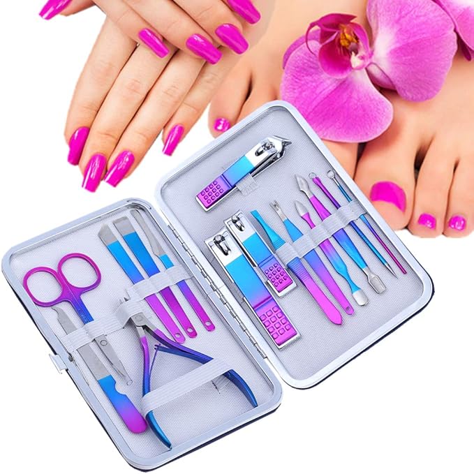 Manicure Set, Professional Nail Clippers Kit, Pedicure Care Tools, Professional Women Grooming Kit -Premium Stainless Steel with Blue Travel Case Set 15PC Great Gift(Colorful)
