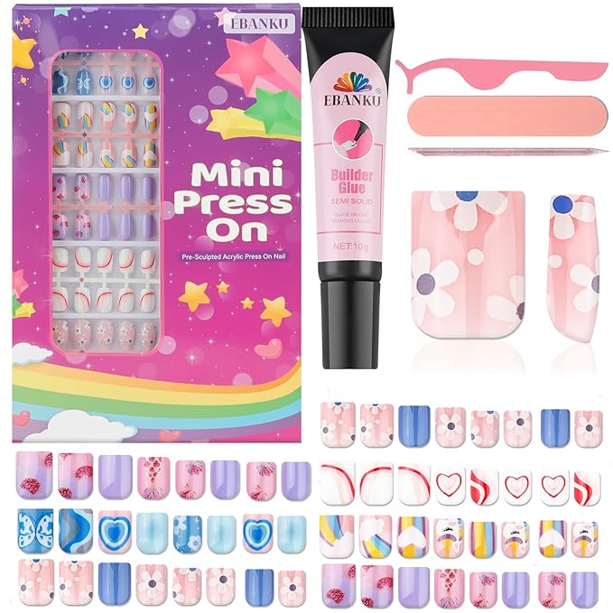 130 Pieces Press on Nails for Kids, EBANKU 5 Pack Kid Fake Nail Kit Old Cute Flower Mermaid Butterfly Heart Press on Nails for Girls 8-12 Years with Jelly Nail Adhesives & Nail Builder Glue