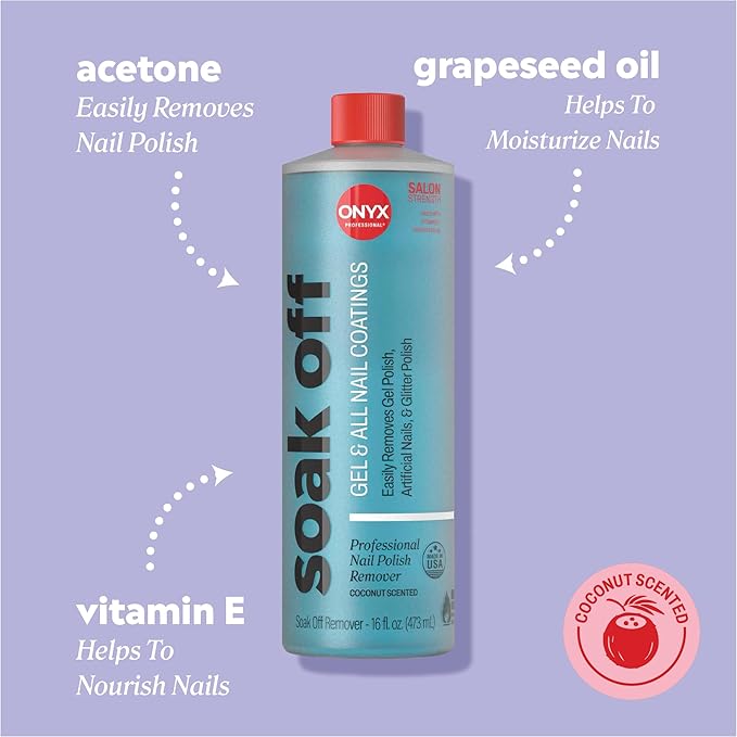 Onyx Professional Coconut Scented Nail Polish Remover with Nail File, 16 oz, Maximum Strength Soak Off Gel Polish Remover, Vitamin E & Grape Seed Oil Enriched Nourishing Formula