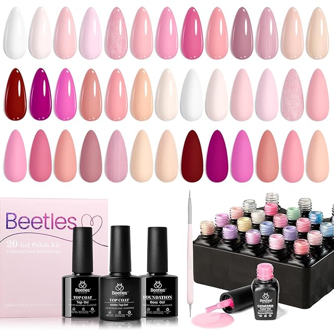 Beetles Pink Gel Polish Set– 20 Colors Dare to Bare Gel Polish Set Hot Pink Nude Pink White Glitter Soak off Uv Led Manicure Kit with 3Pcs Base&Top Coat for DIY Manicure Spring Gift for Women