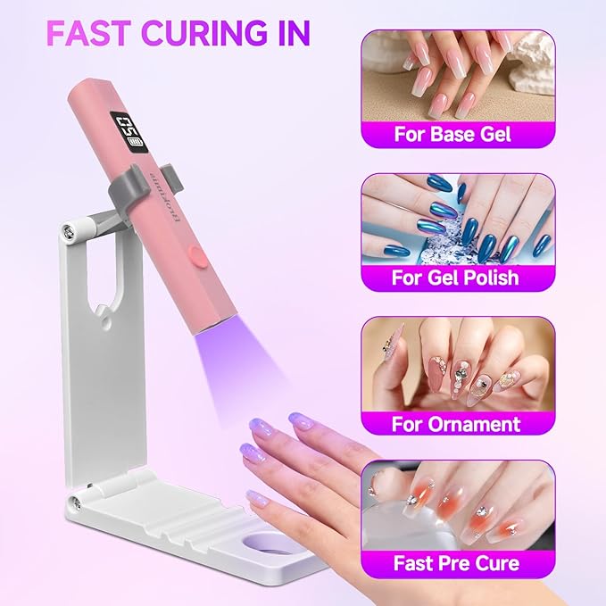 Handheld UV Light for Gel Nails with Stand, Mini Nail Lamp with LCD Display 3-Timer Modes Portable Cordless Rechargeable USB Small Nail Dryer for Fast Curing Home DIY Manicure Nail Art
