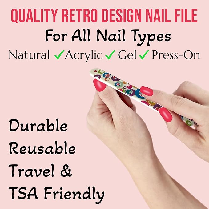 ALAZCO Set of 12 Dual-Sided Nail File Emery Board Heavy Medium Grit Cushioned Washable Easy Grip Comfortable Filing Smoothing Finishing Nails 6.5” Travel TSA Approved (Retro Circles)