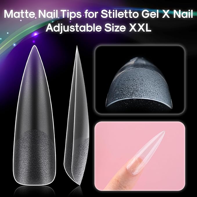 No C Curve XXL Stiletto Nail Tips, Full Matte Clear Full Cover, Stiletto Flat Tips for Acrylic Nails Art Design, Salons, Home DIY Nail Extension(12 Sizes 240PCS)