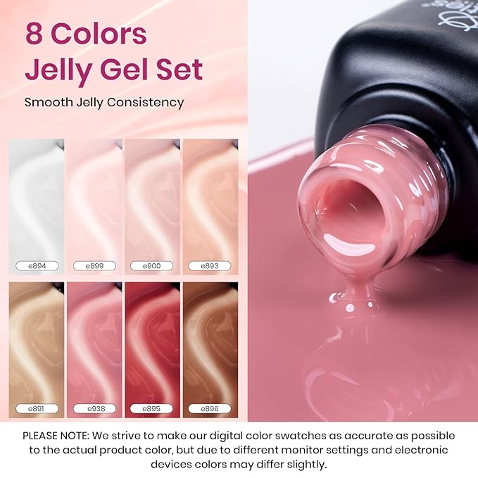 Beetles Jelly Gel Nail Polish Set, 8 Nude Jelly Pink Milky Brown Translucent Colors Gel Nail Polish Sweet Temptation Collection Soak Off LED Nail Art Manicure Kit DIY Salon at Home Gifts for Women
