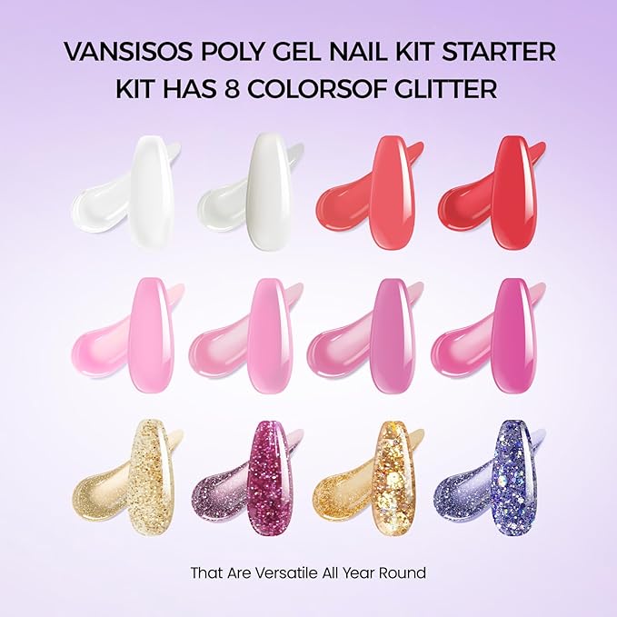 Poly Nail Gel Complete Kit: 12 Colors Poly Nail Gel Kit with U V Light Slip Solution with Base & Top Coat Extension Full Kit for Beginners DIY at Home or Professional Salon