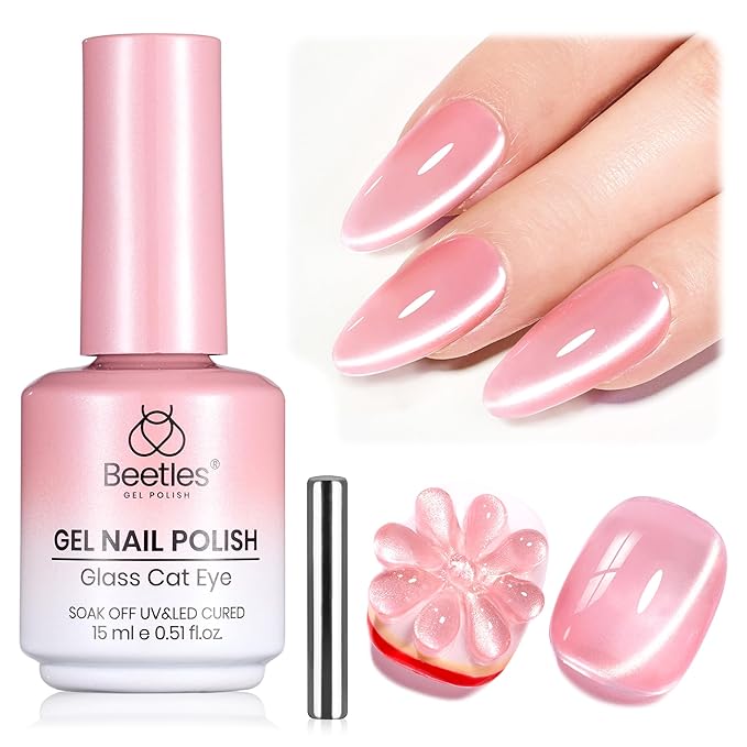 Beetles Grapefruit Glow Pink Cat Eye Gel Nail Polish - 15ML Spring Gel Polish Glitter Pink Cat Eye Magnetic Translucent Glassy Effect Soak Off UV French Nail Art Design DIY Manicure Gift for Women