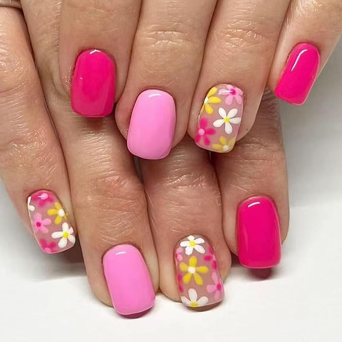 Short Press on Nails Square Pink Fake Nails with Design Yellow Flower Glue on Nails Daisy Stick on Nails Glossy Spring Nails Reusable Summer False Nails for Women 24 Pcs