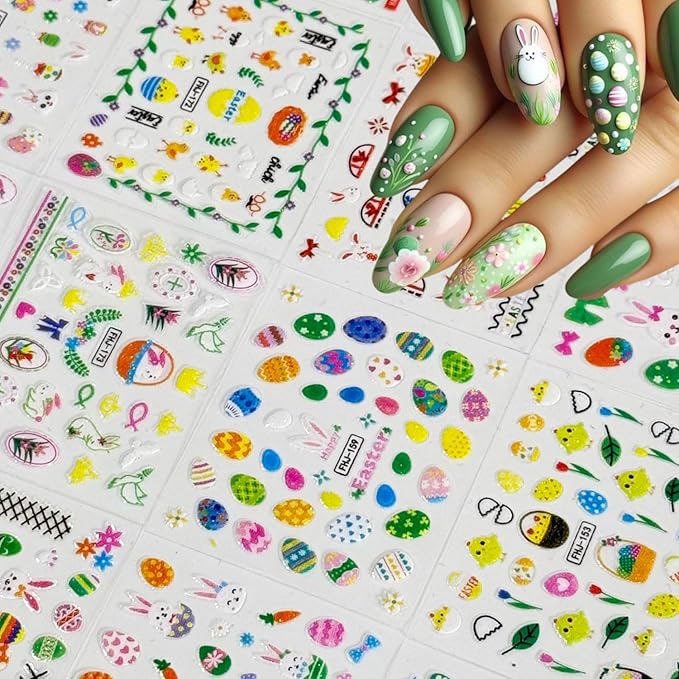 30 Sheets Easter Nail Stickers Green Flower Nail Art Stickers Self-Adhesive with Rabbit Easter Eggs Designs Nail Decals for Women Cute Nails Supplies