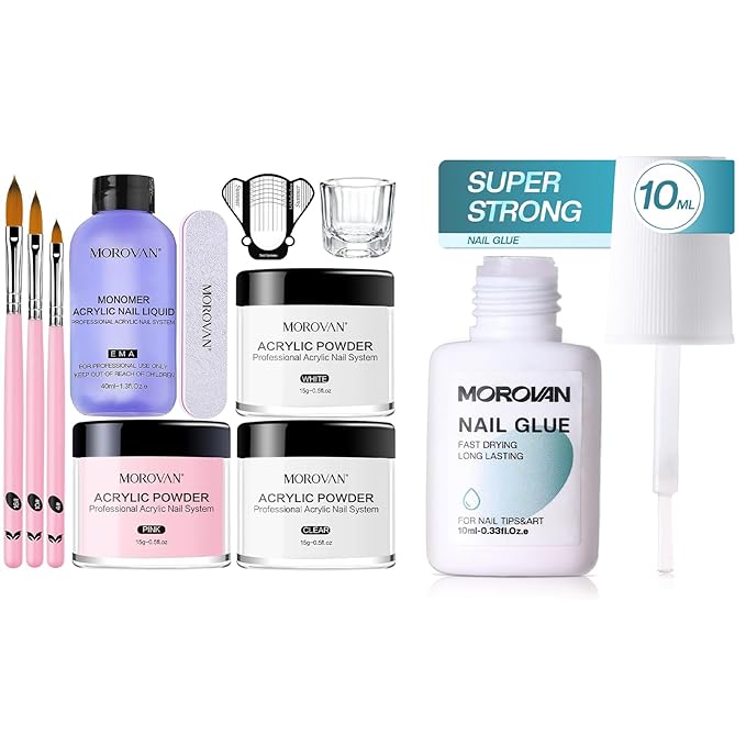 Morovan Acrylic Nail Kit & Nail Glue: Clear Pink White Acrylic Powder and Professional Liquid set & Brush On Nail Glue for Extension for Beginner
