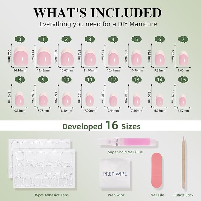 White French Tip Press On Nails Oval - Short Oval Fake Nails, White French Tip Press On Nails Reusable Stick On Nails in 16 Sizes, 32pcs False Nail Kit for Women & Girls