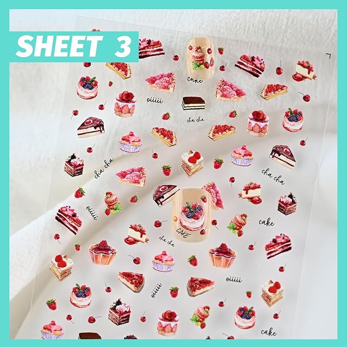 Cute Birthday Nail Stickers, 3D Cake Dessert Nail Decals, Self-Adhesive Nail Accessories & Supplies, Durable & Long-Lasting 3 Sheets