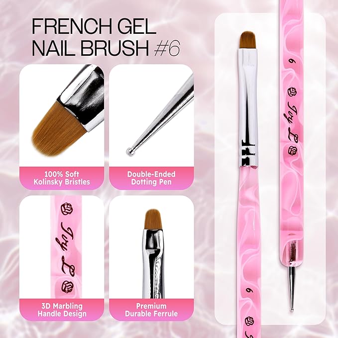 Ivy L Premium 2 Way French Gel Acrylic Nail Art Kolinsky Brush with Dotting Tool for Professional Manicure Cuticle Clean up Nail Art Design (Size # 6, Pink Marble)