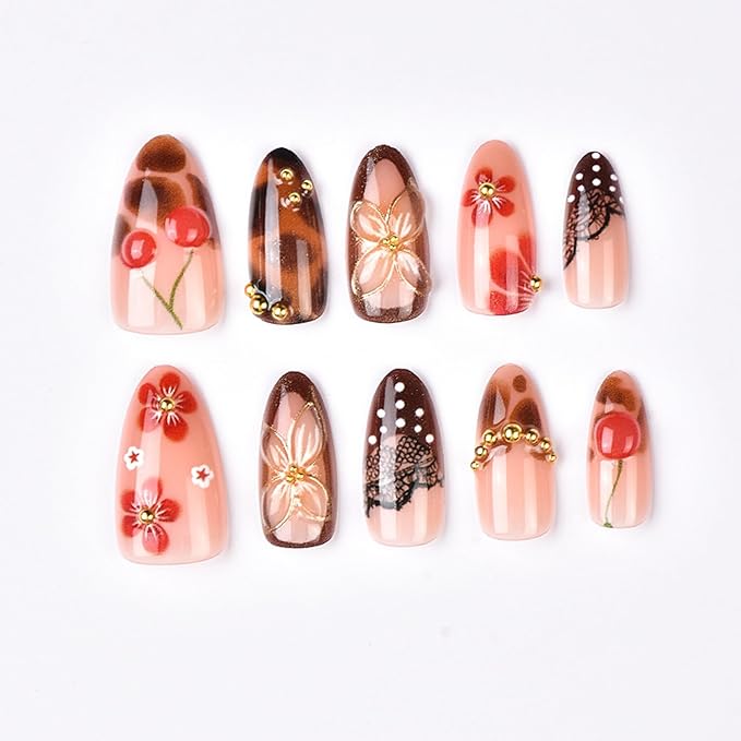 Medium Press on Nails Almond Fake Nails SEENEEY Brown Artificial Nail Red Floral and Gold Charm Designs Cherry Stick on Nail for Women 30pcs