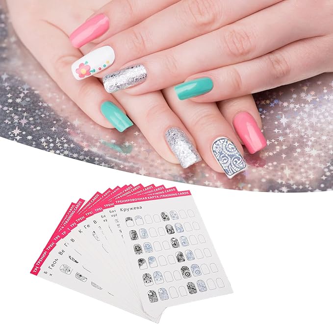 Dioche Nail Art Training Cards Practice Lines Drawing Painting Template, Nail Training Mat Stereograph, Washable Reusable Multi Nail Shapes 12 Modes Nail Art Practice Sheet for Nail