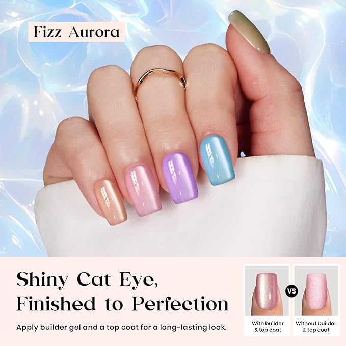 Beetles X Press Gel Nails Kit - Fizz Aurora | 7 Colors Spring Cat Eye Press On Nails Short Square | 224Pcs 16 Sizes All-in-One Kit With Nail Glue,Remover,Builder Top Coat,Nail Lamp Gift