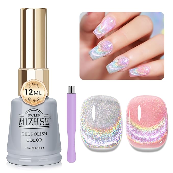 MIZHSE Cat Eye Gel Nail Polish Rainbow Cat Eye Holographic Glitter 9D Cateye Soak Off U V LED Gel Polish for Nail Salon Home DIY Manicure 12ml