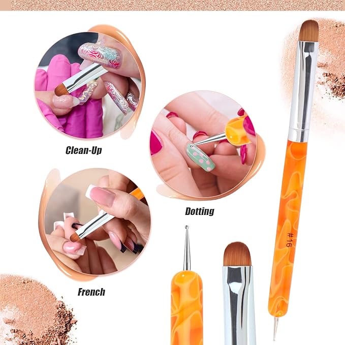 French Manicure Brush - Two Way Nail Art Brush with Dotting Tool for Cuticle Clean Up & Design - Professional Salon Quality, Dotting Pen (16#, Orange)