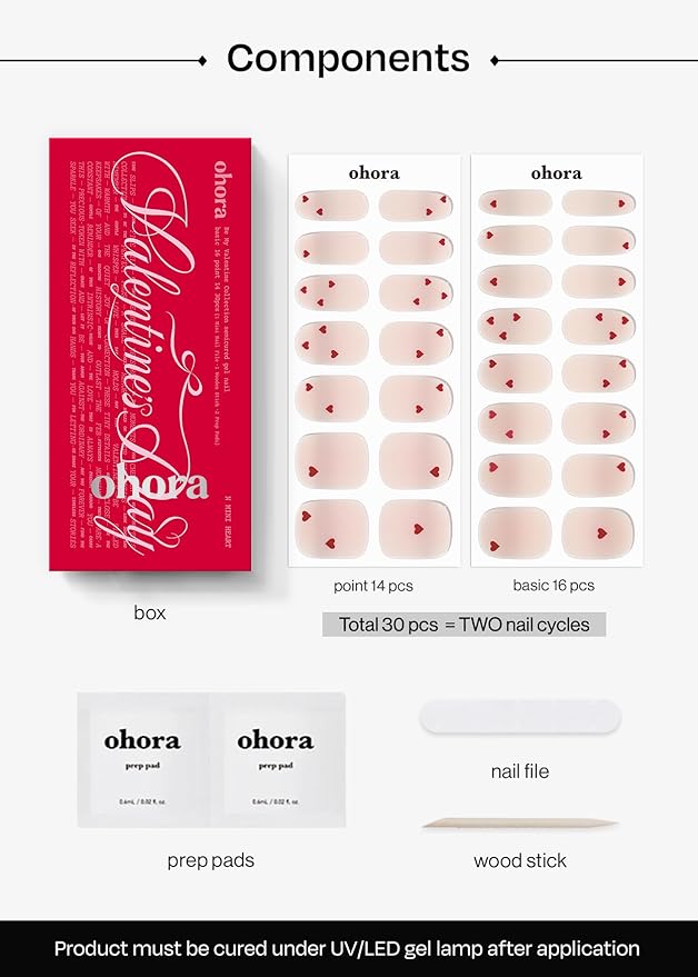 ohora Semi Cured Gel Nail Strips (N Mini Heart) - Salon-Quality Valentines Nails, Works with Any Lamps, Long Lasting, Easy to Apply & Remove, Chip Resistant