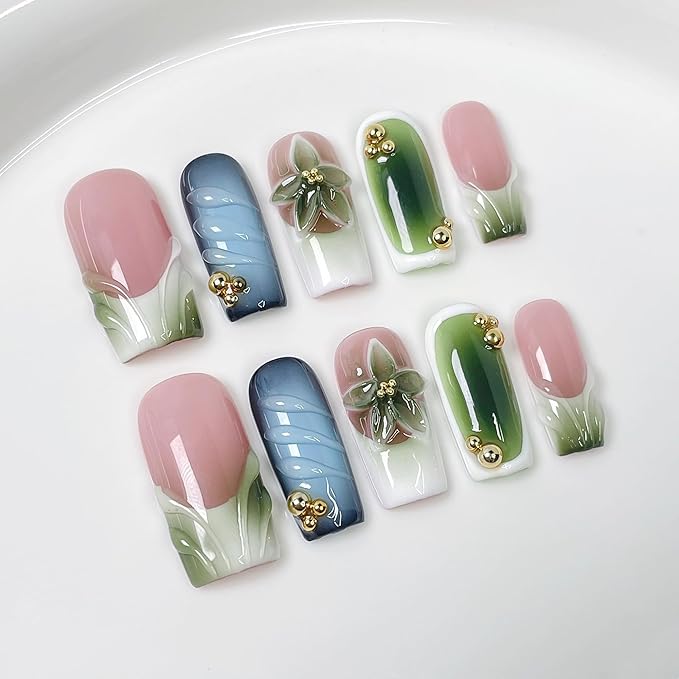 Square Handmade Press on Nails Medium Fake Nails French Tip Glue on Nail with Green Ombre Design Nails Press Ons 3D Flower False Nails Luxury Full Cover Reusable Artificial Nail for Women (Size M)
