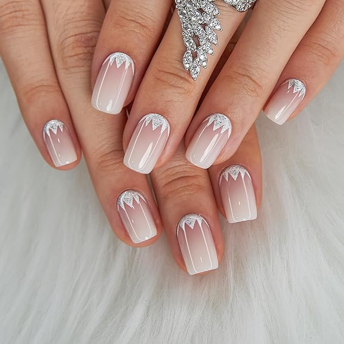 CurvLife Press On Nails Medium – 30Pcs Soft Gel Fake Nails, Nude Crystal Bloom Light Reusable Glue On Nail Kit with Adhesive Tabs, Natural Fit & Salon-Quality for Women & Girls