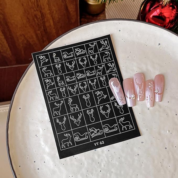 Christmas Nail Stickers Airbrush Stencils Stickers for Nail Art Self Adhesives with Snowman Snowflower Deer Bell Wreath Socks Designs Supplies Design Nail Guide for Manicure Nails Decoration 6 Sheets