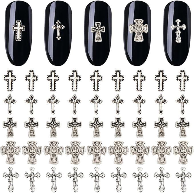 CRASPIRE 100Pcs Cross Nail Charms for Nails Accessories 5 Style Metal Alloy Silver Flat Nail Gems Set Gothic Vintage Punk Studs Decor for Women Nail Art Design Supplies DIY Christmas Decorations Craft