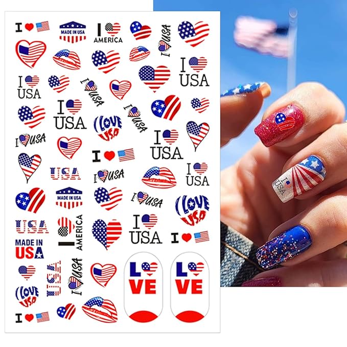 8 Sheets 4th of July Nail Stickers, Independence Day Patriotic Nail Decals, 3D Design Self-Adhesive Memorial Day USA Flag Star Nail Art