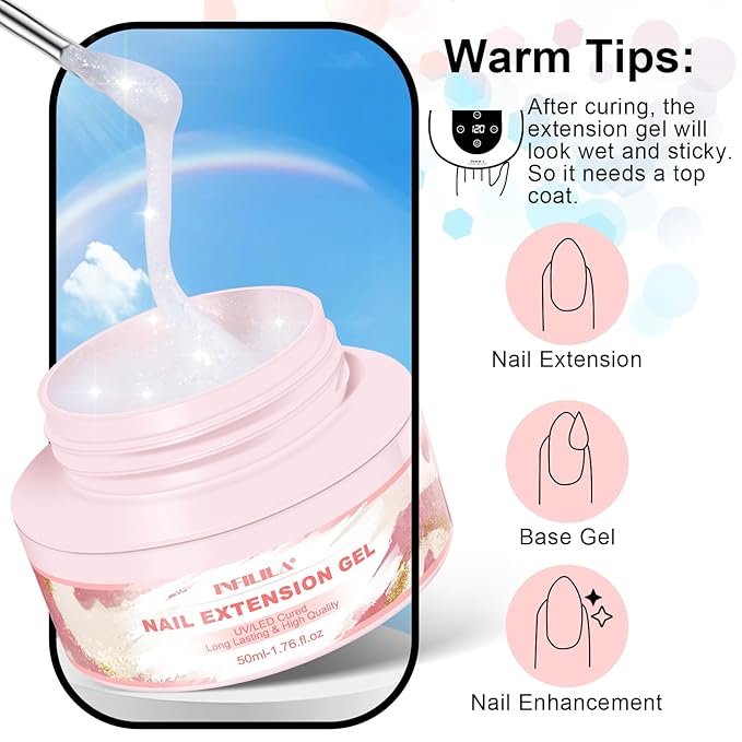 NXJ INFILILA Glitter Poly Nail Gel, Milky White Colors Poly Extension Gel Nail Enhancement, Thickening Glossy Builder Home DIY Salon Use for Girls UV/LED Nail Lamp Required P01