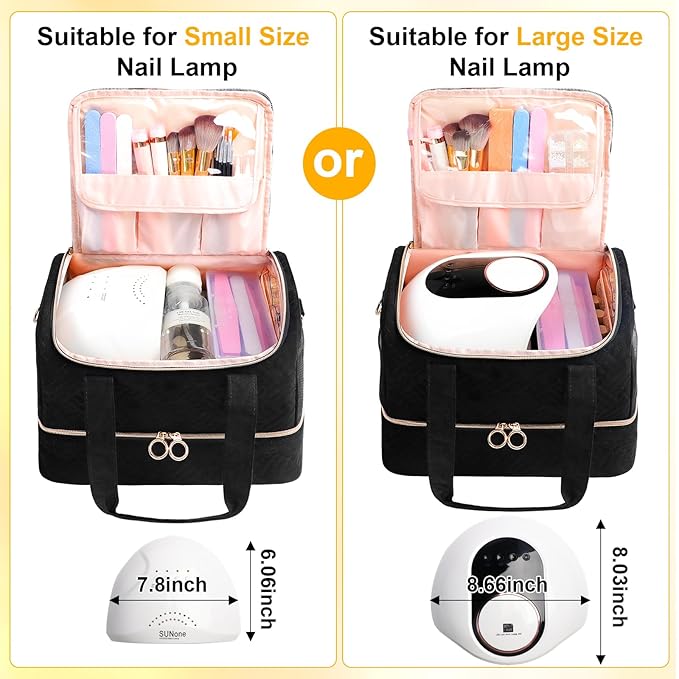 Nail Polish Organizer Bag Holds 80 Bottles (15ml/0.5fl.oz)& Nail Lamp, Soft Velvet Nail Kit Storage Carrying Case with Shoulder Strap, Double Layer Nail Supplies Organizer Handbag Women Black