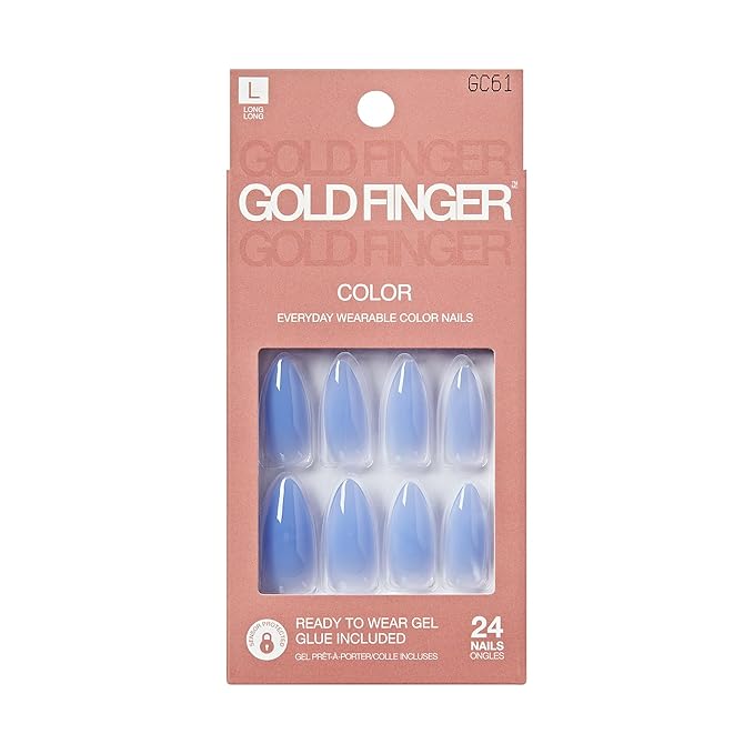 GoldFinger 24 Pcs Press On Nails, Long Almond Fake Nails, Blue Gradient Gel Stick On Extensions, Reusable DIY Full Cover False Nail Kit with Glue, Manicure Stick & File, 7 Day Long Lasting Wear
