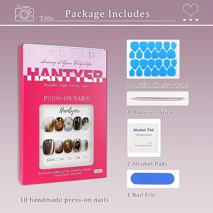 Coffee Brown Cat Eye Ombre Press on Nails with Handmade 3D Flowers & Gold Glitter ,Short Square Glossy Vintage Fake Nails, Reusable Elegant False Nails for Women Fall Winter Occasions, Size XS