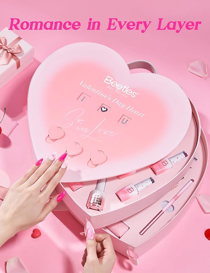 Beetles So In Love Collection – Glow In Love Valentine Gel Nail Polish Set, Pink Gel Nail Art Set with Base Top Coat Mini Rose Bouquet, Salon DIY at Home Valentine's Day Gift for Women Wife Girlfriend