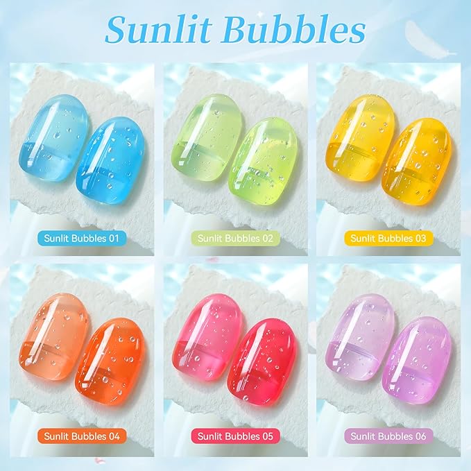 Born Pretty Jelly Pastel Gel Nail Polish Spring Summer Crystal Glass Translucent Bubble Gel Polish Pink Purple Green Blue Yellow Soak Off Gel Polish Kit for Salon Manicure and Nail Art DIY at Home