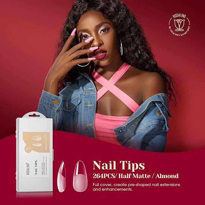 264PCS Half Matte Almond Fake Nail Tips, ROSALIND Clear Full Cover Medium False Nails Shape Soft Almond Gel Nail Tips12 Sizes Kit Nail Tips Acrylic Press on Nails (One-Sided No File)