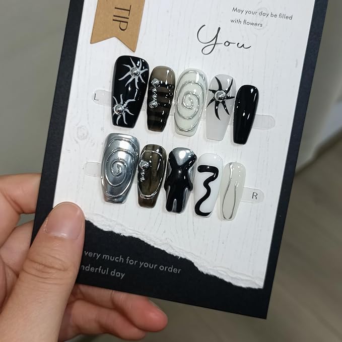 Dark Silver Gothic Press on Nails Long Coffin Shape 3D Embossed Sun Design Fake Nails Hand Painted Art for Women Fall Winter Ins Style(M)