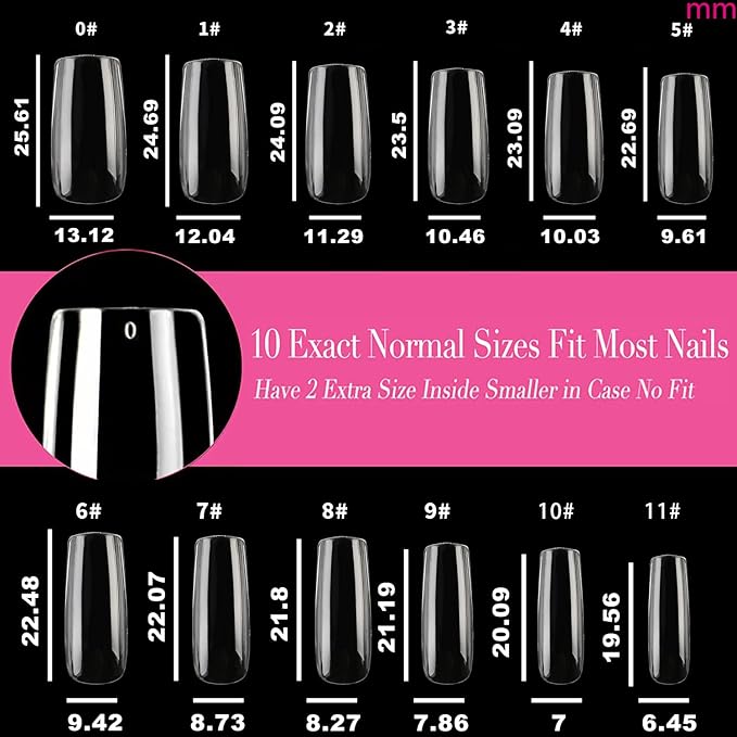UNA GELLA Medium Square Nail Tips, 504pcs Square Gel Nail Tips 12 Sizes Full Cover Acrylic Clear Fake Nails for Nails Extension Salon Home DIY Art