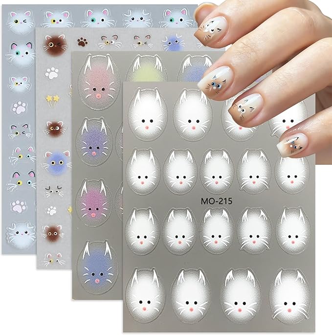 4 Sheets Cat Airbrush Nail Stickers Cute Nail Art Stickers Ombre Gradient Nail Decals with Cat Designs Sweet DIY Self-Adhesive Nails Art Supplies for Women Girls