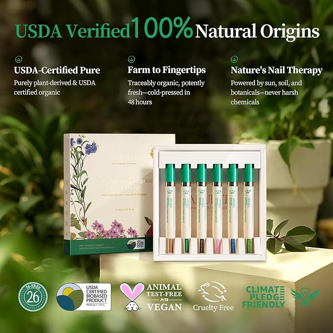 APUREE Organic Cuticle Oil Set: 100% Bio-Based(6pcs)|Nail Strengthener Growth Oil|Moisturizes Extra Dry Cuticles for Brittle Peeling Breaking Thin Nails|USDA Verified|Manicure Prep|Vegan