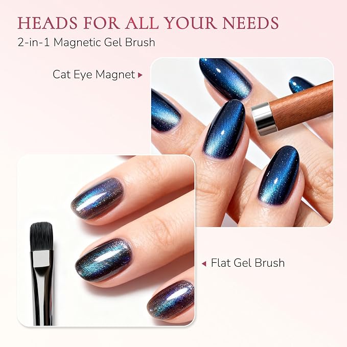 Dual-Head Nail Art Brush, French Tip Brush & Cat-Eye Magnet, DIY Nail Tools for Builder Gel & Acrylic Materials, with Wooden Handle
