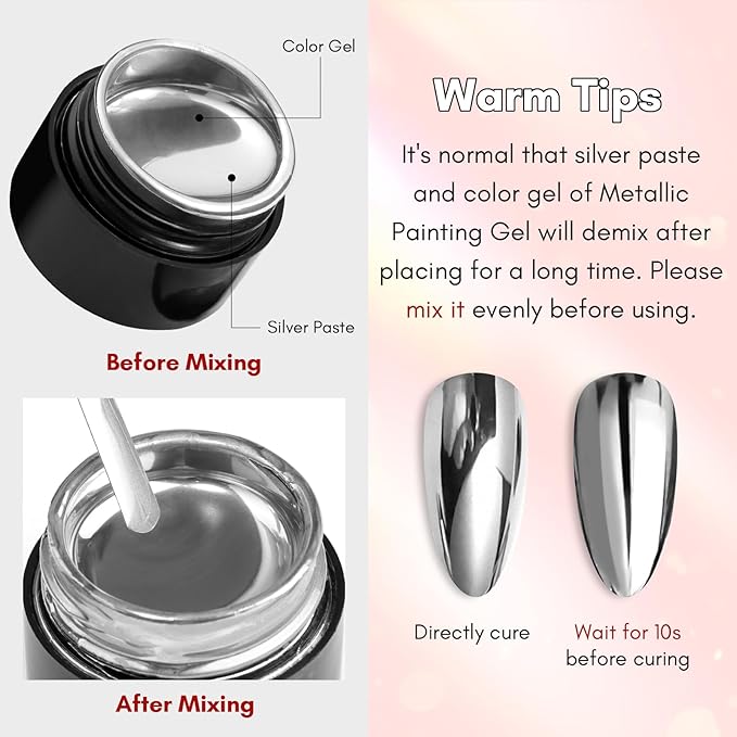 Makartt Nail Rhinestone Glue with Chrome Gel Kit, Super Strong Glue with Silver Metallic Painting Gel Polish Set for 3D Nails Art Decoration Manicure(30ML+8ML)