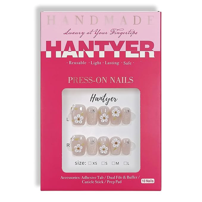 10pcs Press On Nails Sweet Style - Nude Cat Eye with White 3D Embossed Flowers, Short Square Shape, Glossy Shine, Reusable Fake Nails Easy to Apply & Carry for Parties (Size M)