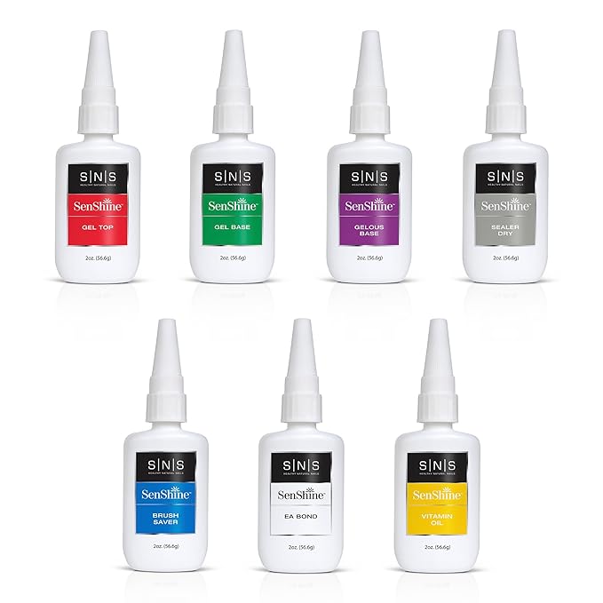 SNS Base Coat Nail Polish for Nail Dip Powder Set, SenShine Refill Bottles (7 Pack) - Long-Lasting & Fast-Drying Nail Strengtheners Gel Base - No UV Lamp Required - 2 FL OZ