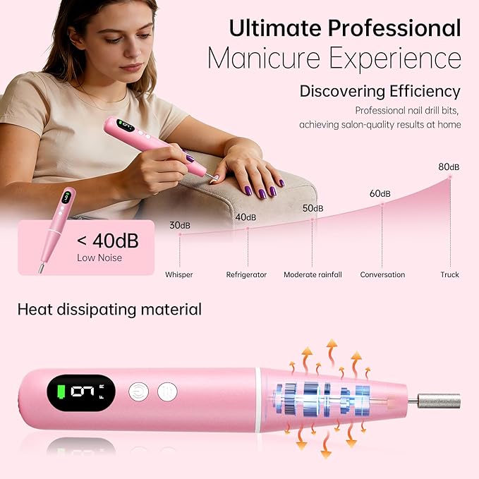 Electric Nail Drill Kit, Electric Nail File Cordless Nail Drill Machine for Acrylic Gel Dip Powder Nails, Professional Portable Manicure Pedicure Rechargeable Lightweight for Home Salon Use