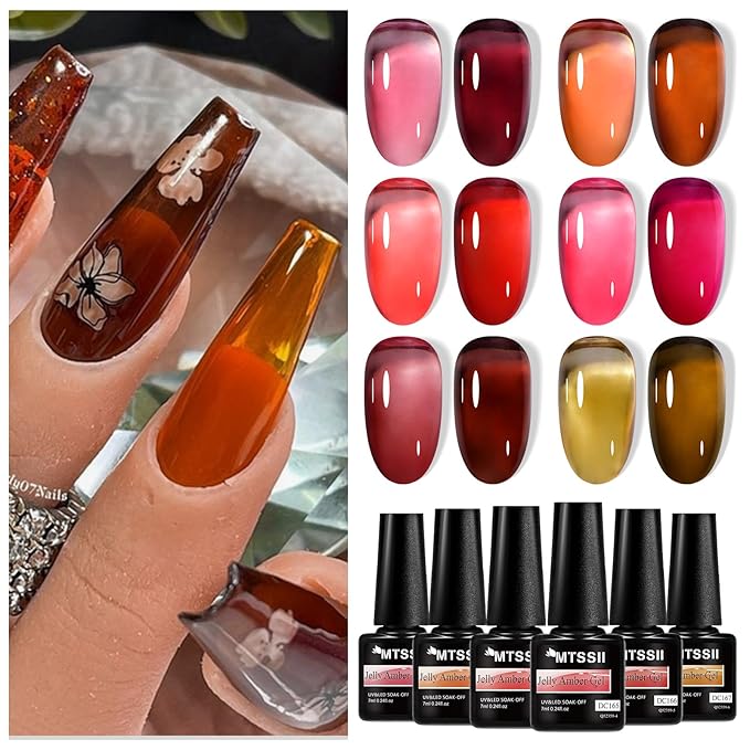 MTSSII Nude Brown Jelly Gel Nail Polish Set 6PCS Jelly Gel Polish Kit Crystal Nail Polish Red Coral Caramel Orange Amber Brown Green Nail Art Manicure DIY Gift