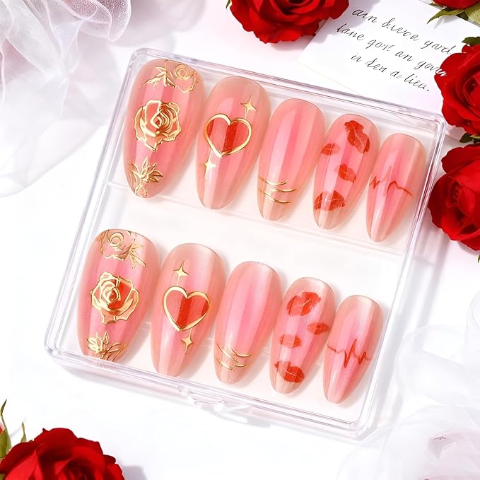 24Pcs Valentines Press on Nails Medium Almond Fake Nails Heart False Nails Flower Nails Press Ons with Gold Design Glossy Stick on Nail Gradient Glue on Nail for Women Decoration Set