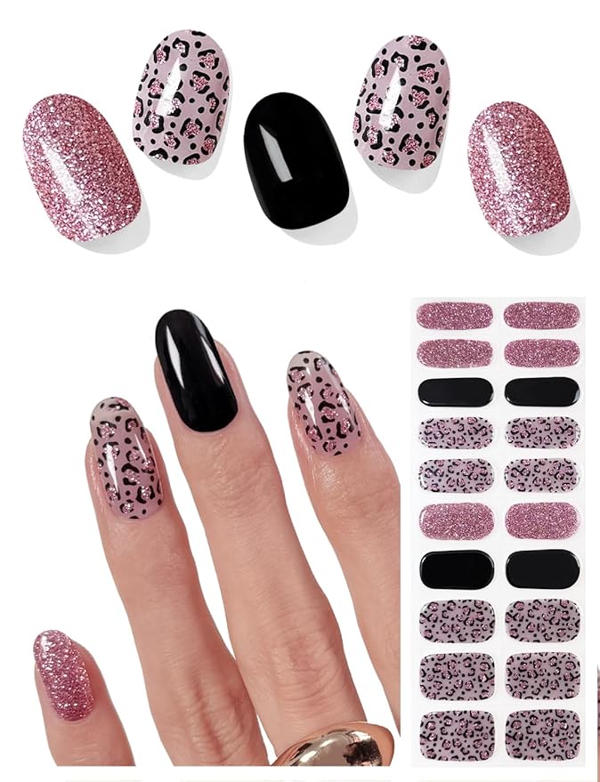 Semi Cured Gel Nail Strips (Glitter Leopard), Purple, 20 Pcs Gel Nail Wraps, Stickers, Salon Quality, Long Lasting, Works with Any UV Lamps