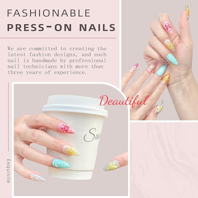 Luxury Press-On Nails – Medium Almond Handmade French Tip Nail Art | 3D Flower & Pearl Design | Blue Ocean Pattern False Nails | Reusable Acrylic Nail(S-10PCS)