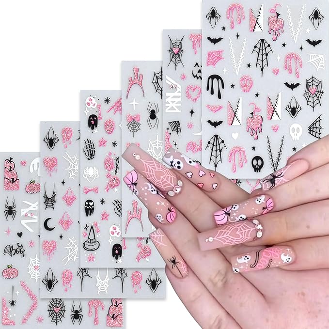 6 Sheets Halloween Nail Stickers Decals Pink Glitter Pumpkin Blood Drop Nail Sticker Black Spider Web Bat Nails Decals Self-Adhesive White Ghost Skull Nails Art Sticker Decal for Women Halloween Decor